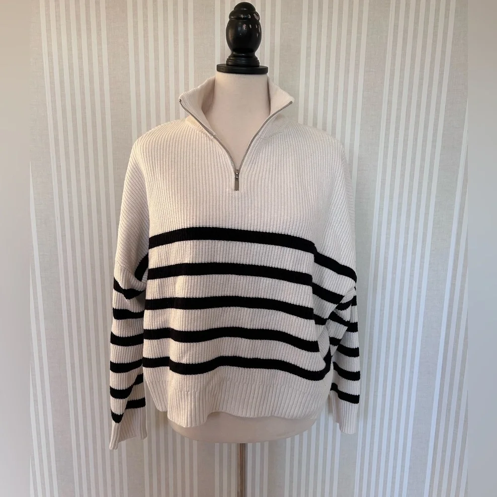 Mango White and Black Striped Sweater with Zip Women’s Size Small - Picture 2 of 6